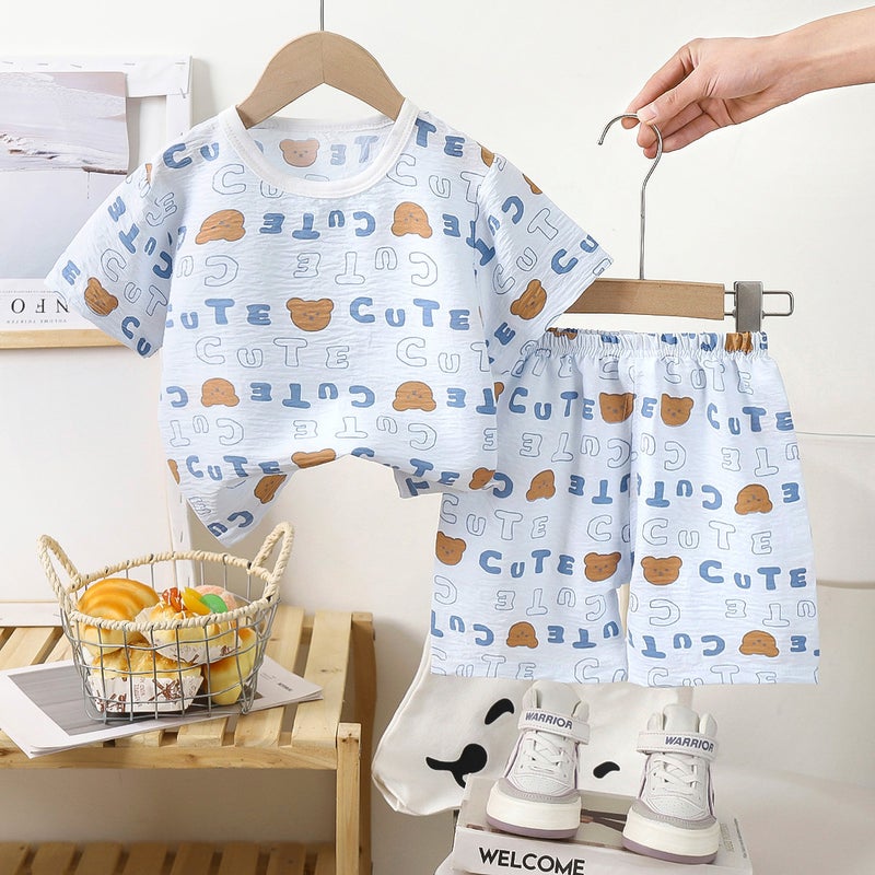 Summer new boys short sleeve shorts loose foreign style two-piece girls short sleeve suit manufacturers wholesale home clothes Yt-05 blue bear short sleeve suit 