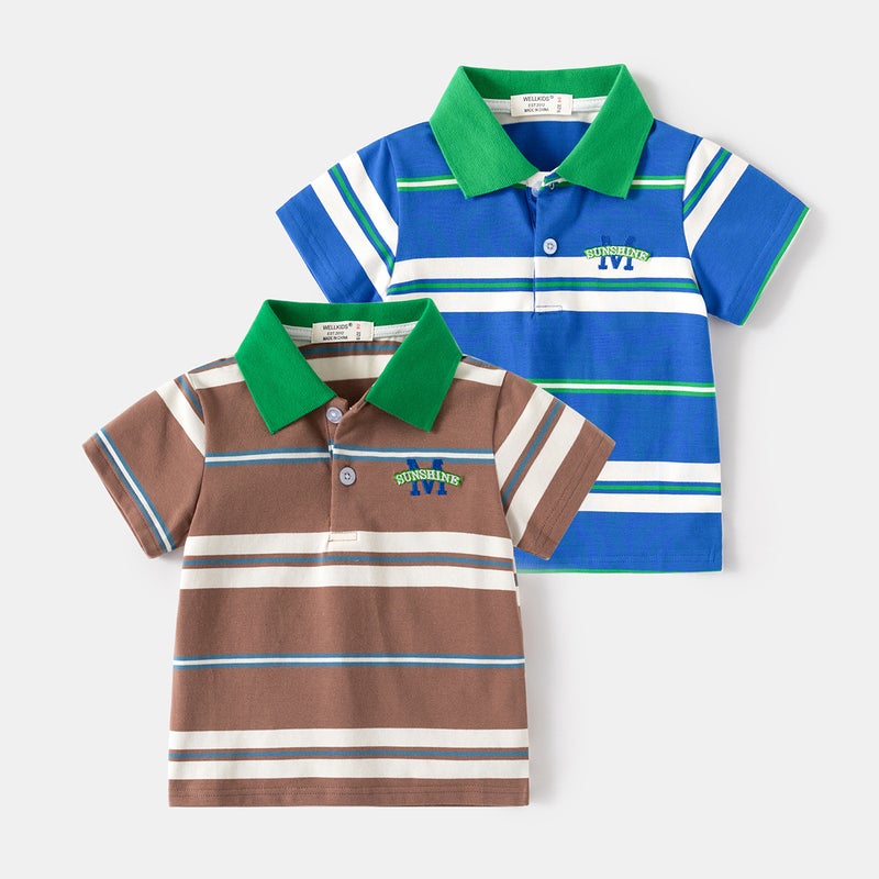 2026 New Korean Style Boys' Short-Sleeved T-Shirt Summer Boys' Striped Polo Shirt Baby Embroidered Half-Sleeve Top Trendy - Image 2