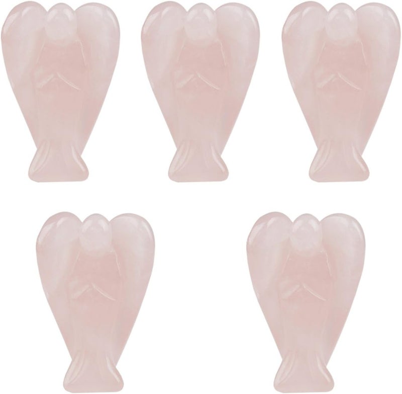 mookaitedecor Set of 5 Rose Quartz Crystal Angel Figurines, 1.5 inch Mini Guardian Angel Statue Carving Pocket Stone Sculpture for Home Room Office Desk Decoration