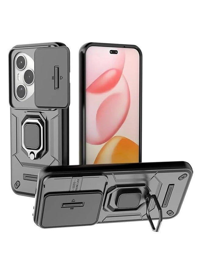 Honor 400 Pro 5G Case, Shockproof Case, Anti-Fall Drop Protection, Built-in Slide Anti-Scratch Camera Lens Cover, Integrated 360 Degree Rotating Ring Kickstand, Black - Image 1