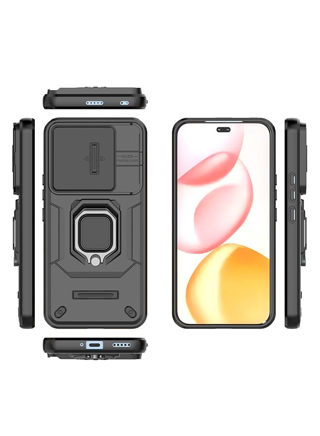Honor 400 Pro 5G Case, Shockproof Case, Anti-Fall Drop Protection, Built-in Slide Anti-Scratch Camera Lens Cover, Integrated 360 Degree Rotating Ring Kickstand, Black - Image 2