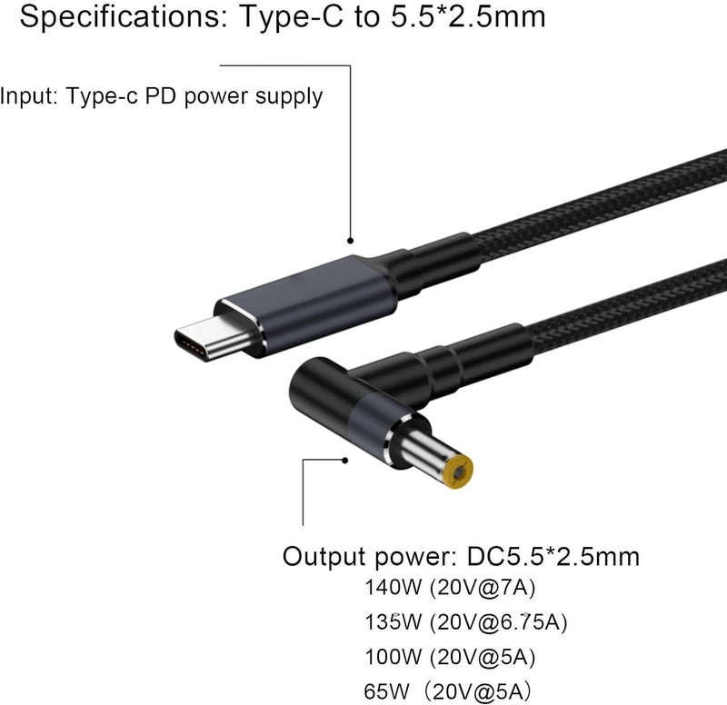 Tobo Type C to DC Power with Built-in PD 3.1 100W PD Nylon Fast Charging Cable Braided Converter Cable,Universal Power Cord Suitable for Gaminng Laptop 5.5 x 2.5mm TD-1126CC Pack of 1,Black - Image 4