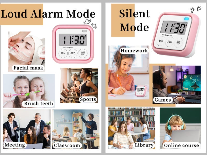 AOUVES Timer, Kitchen Timers for Cooking Classroom Timer for Kids Teachers Magnetic Digital Timers 2 Pack, Pink - Image 2
