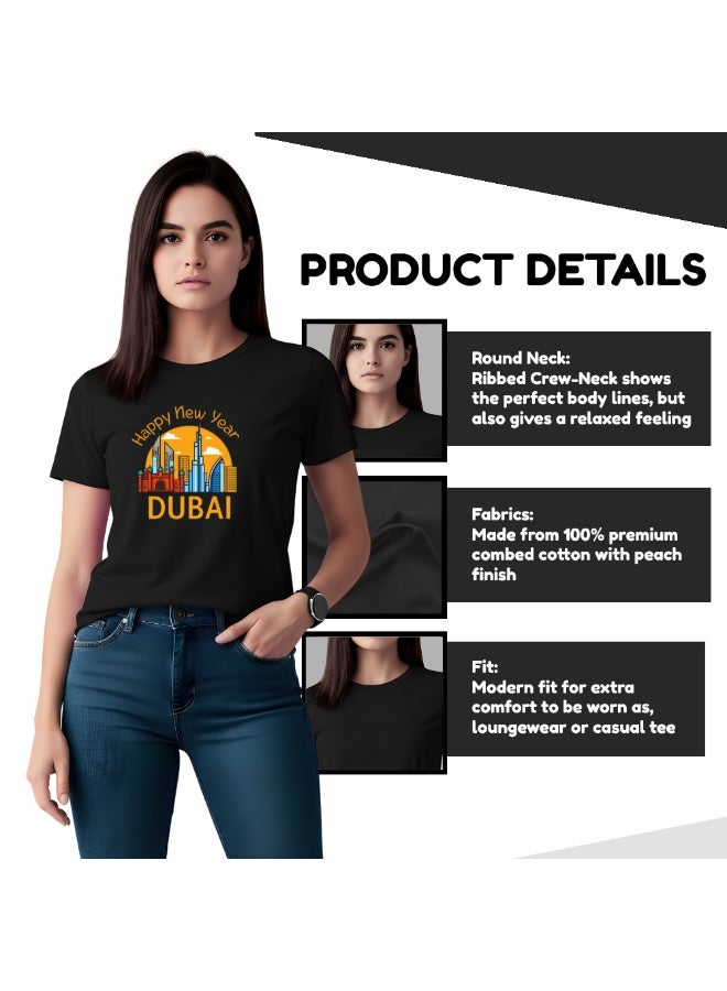 Happy New Year Dubai Adult Women T-Shirt Round Neck Short Sleeve Cotton T-Shirt With New Year Dubai Design-Perfect For New Year Party Celebrations - Image 4