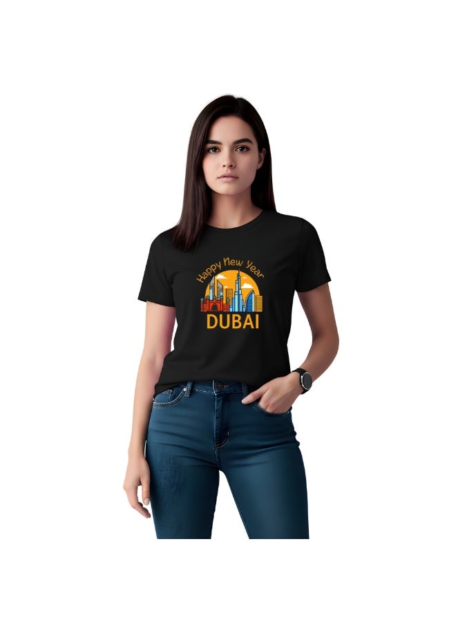 Happy New Year Dubai Adult Women T-Shirt Round Neck Short Sleeve Cotton T-Shirt With New Year Dubai Design-Perfect For New Year Party Celebrations - Image 1