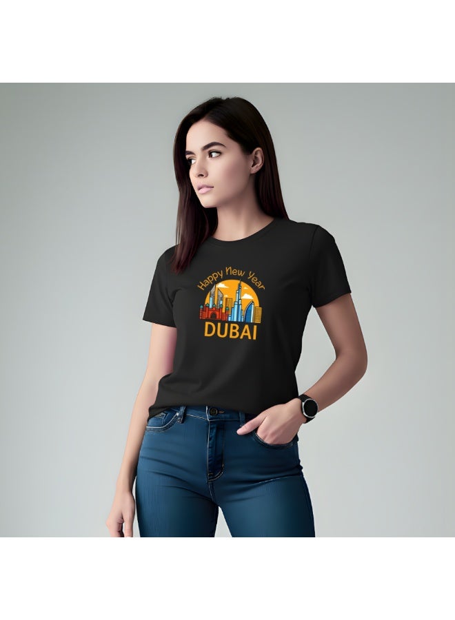 Happy New Year Dubai Adult Women T-Shirt Round Neck Short Sleeve Cotton T-Shirt With New Year Dubai Design-Perfect For New Year Party Celebrations - Image 3
