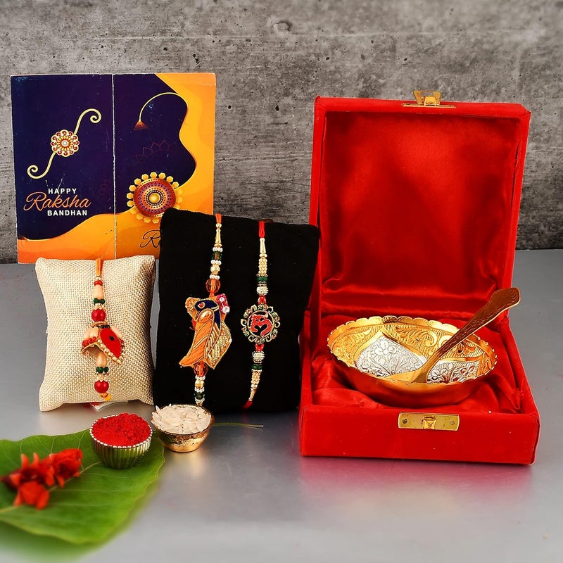 Yalambar rakhi gift hamper for brother gift for brother and bhabhi rakhi for brother combo Rakhi with Brass Bowl with Velvet Box Tilak Material Greeting CardYAL02805