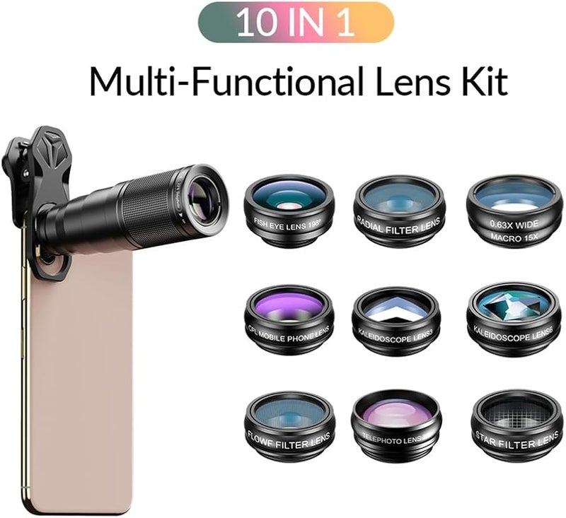 10 في 1 مجموعة عدسات كاميرا هاتف عالمية مع 22X تيليفوتو ماكرو فيش آي زاوية واسعة ومرشحات CPL - Image 5