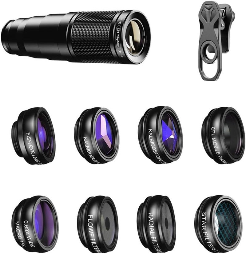 10 في 1 مجموعة عدسات كاميرا هاتف عالمية مع 22X تيليفوتو ماكرو فيش آي زاوية واسعة ومرشحات CPL - Image 1
