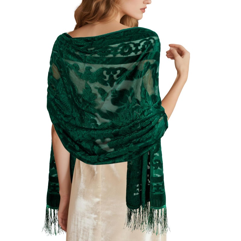E-Clover Green Women Velvet Scarfs Shawls and Wraps for Evening Dresses Wedding Shawl Wraps Tassel Spring - Image 1