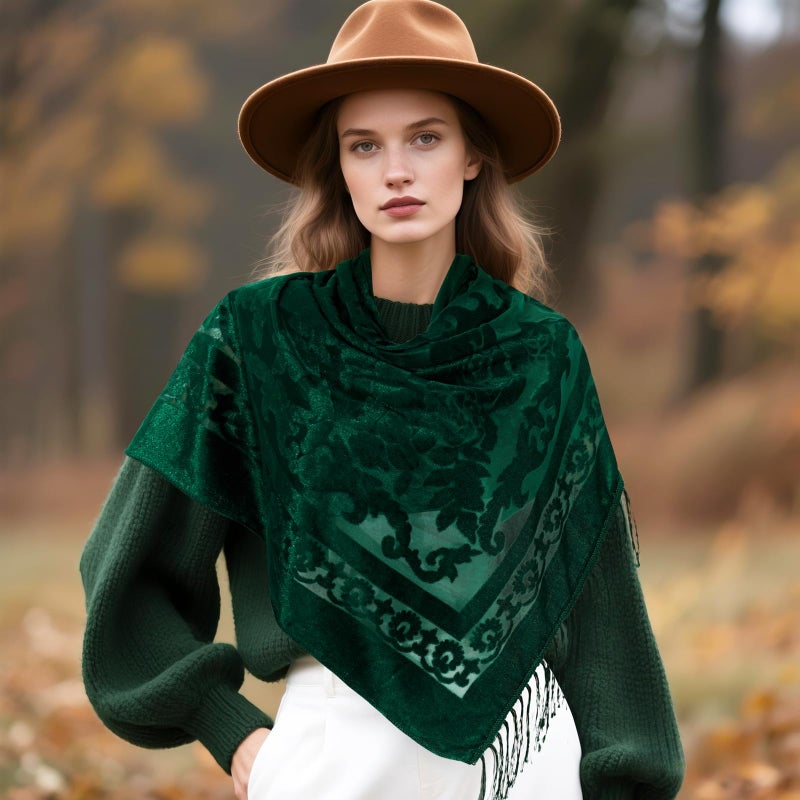 E-Clover Green Women Velvet Scarfs Shawls and Wraps for Evening Dresses Wedding Shawl Wraps Tassel Spring - Image 5