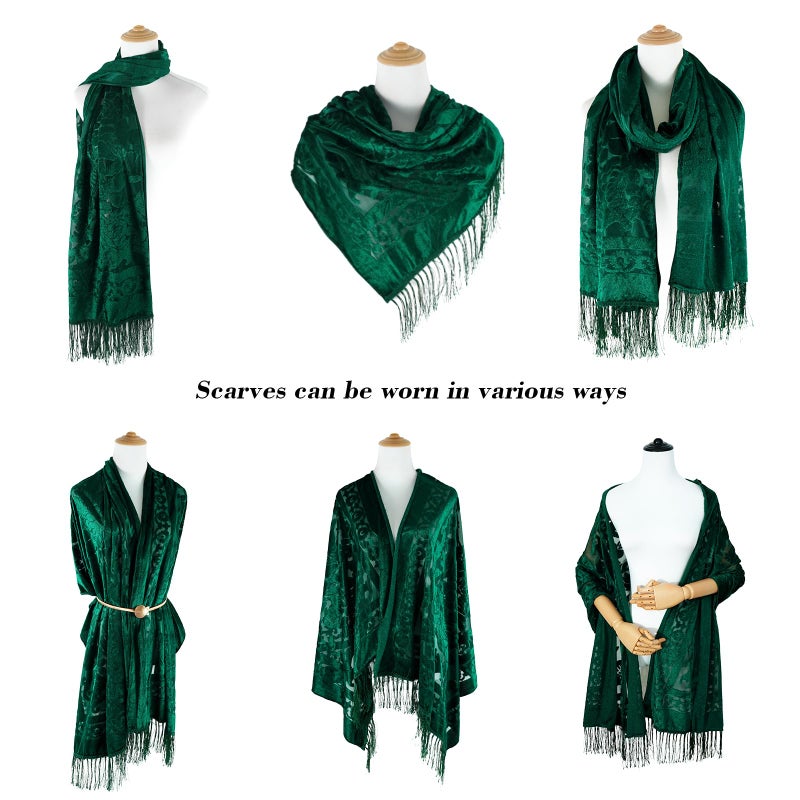 E-Clover Green Women Velvet Scarfs Shawls and Wraps for Evening Dresses Wedding Shawl Wraps Tassel Spring - Image 3
