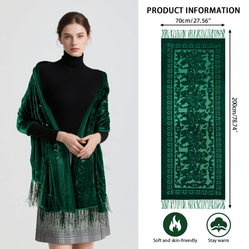 E-Clover Green Women Velvet Scarfs Shawls and Wraps for Evening Dresses Wedding Shawl Wraps Tassel Spring - Image 2