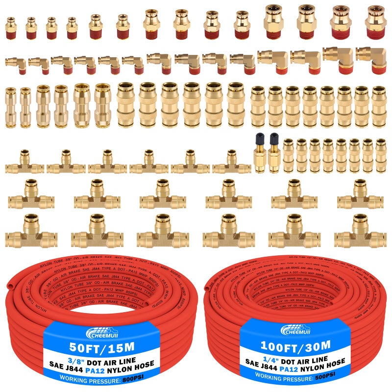 CheeMuii 76 PCS Brass DOT Air Line Fittings with 100FT 14 and 50FT 38 Red DOT Air Lines Kit Push Lock Air Line Quick Connect Fittings with Pneumatic Tubing Set - Image 2