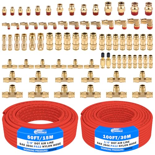 CheeMuii 76 PCS Brass DOT Air Line Fittings with 100FT 14 and 50FT 38 Red DOT Air Lines Kit Push Lock Air Line Quick Connect Fittings with Pneumatic Tubing Set - Image 1