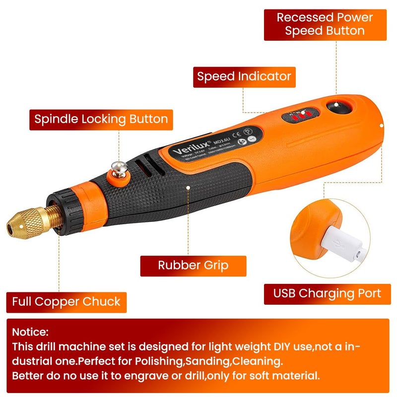Verilux® Cordless Drill Machine, 900Ah USB Rechargeable 3 Speed Hand Drill Machine Mini Drill Machine for Wood Carving, Cutting & Grinding, Mini Rotary Tool Kit with 45Pcs Accessories - Image 4
