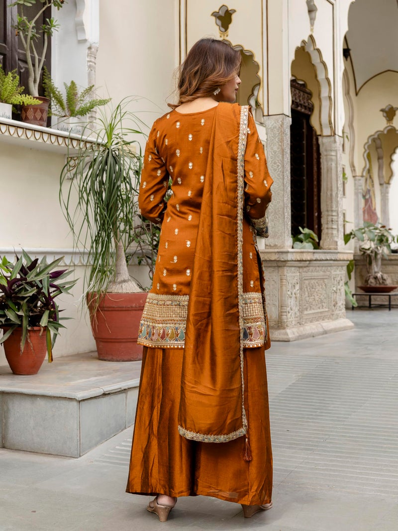 TRENDMALLS Women's Art Silk Sequins Embroidery Kurta Palazzo Set with Dupatta for Women (G305-Mustard-3XL-) - Image 2