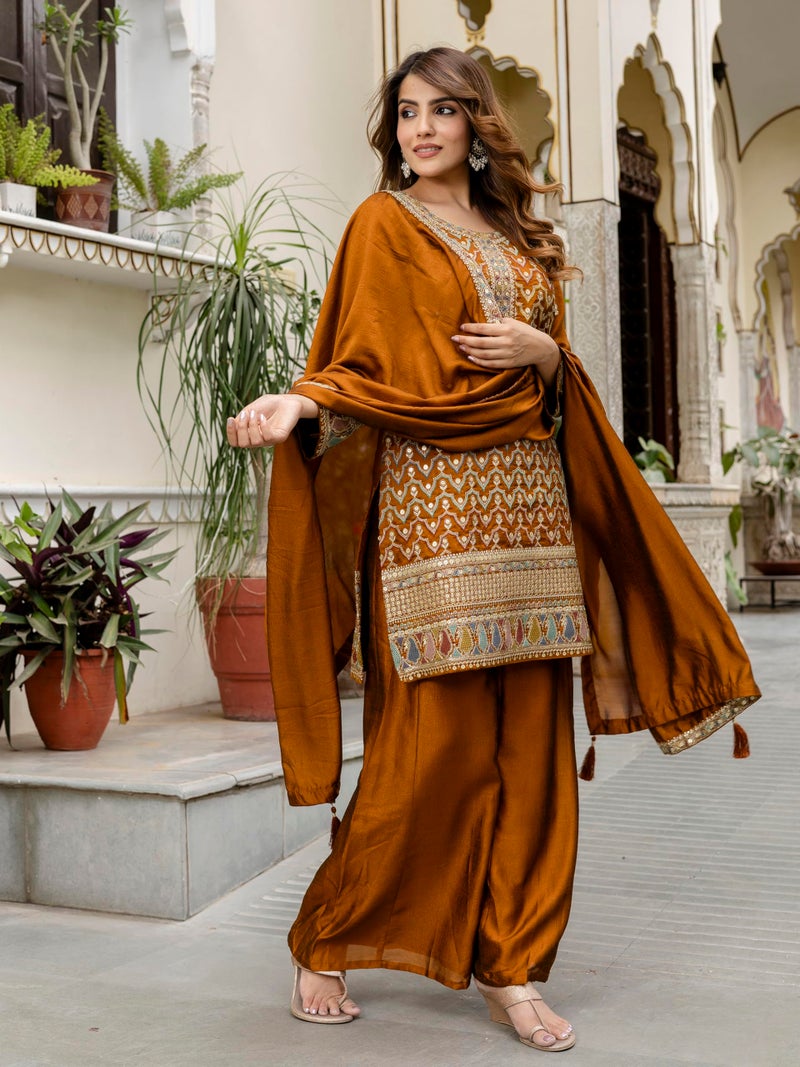 TRENDMALLS Women's Art Silk Sequins Embroidery Kurta Palazzo Set with Dupatta for Women (G305-Mustard-3XL-) - Image 3