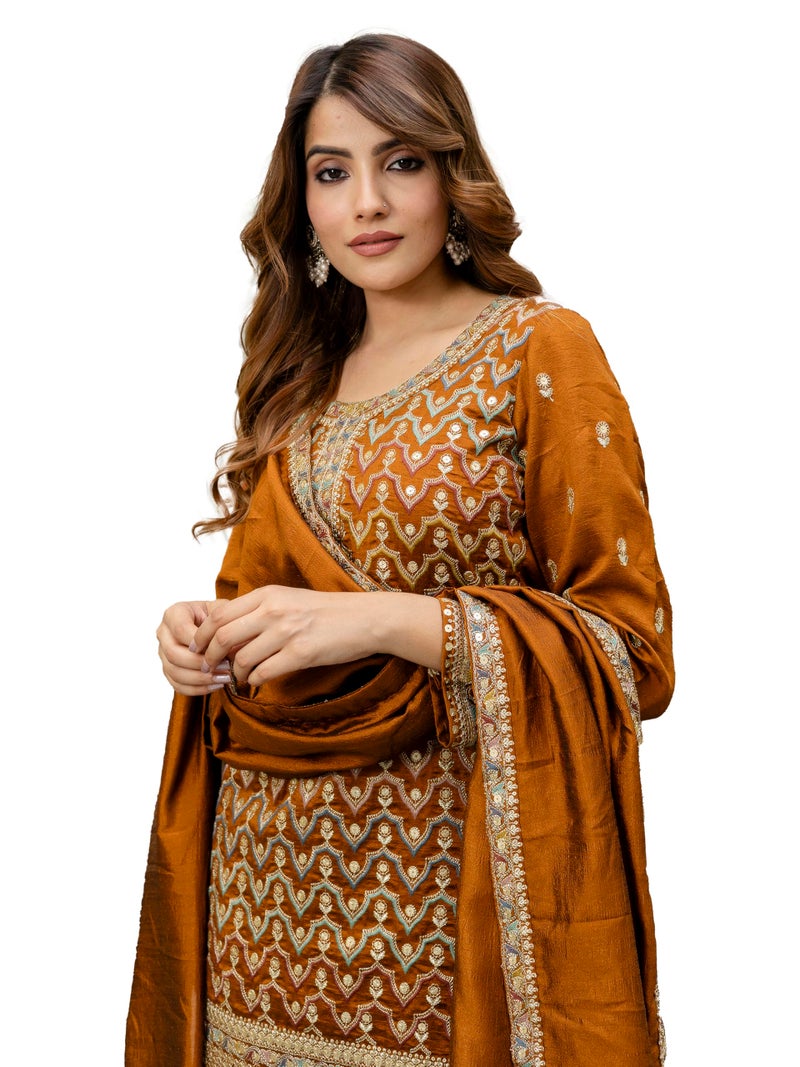 TRENDMALLS Women's Art Silk Sequins Embroidery Kurta Palazzo Set with Dupatta for Women (G305-Mustard-3XL-) - Image 1