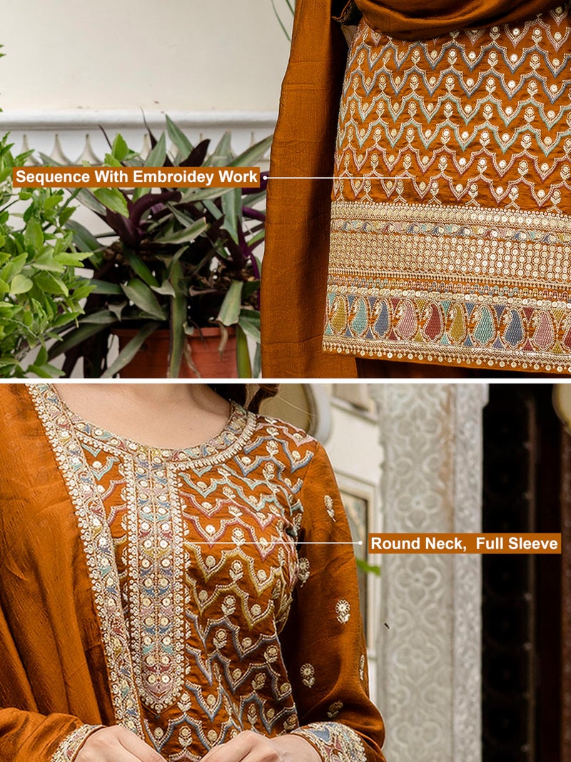 TRENDMALLS Women's Art Silk Sequins Embroidery Kurta Palazzo Set with Dupatta for Women (G305-Mustard-3XL-) - Image 4