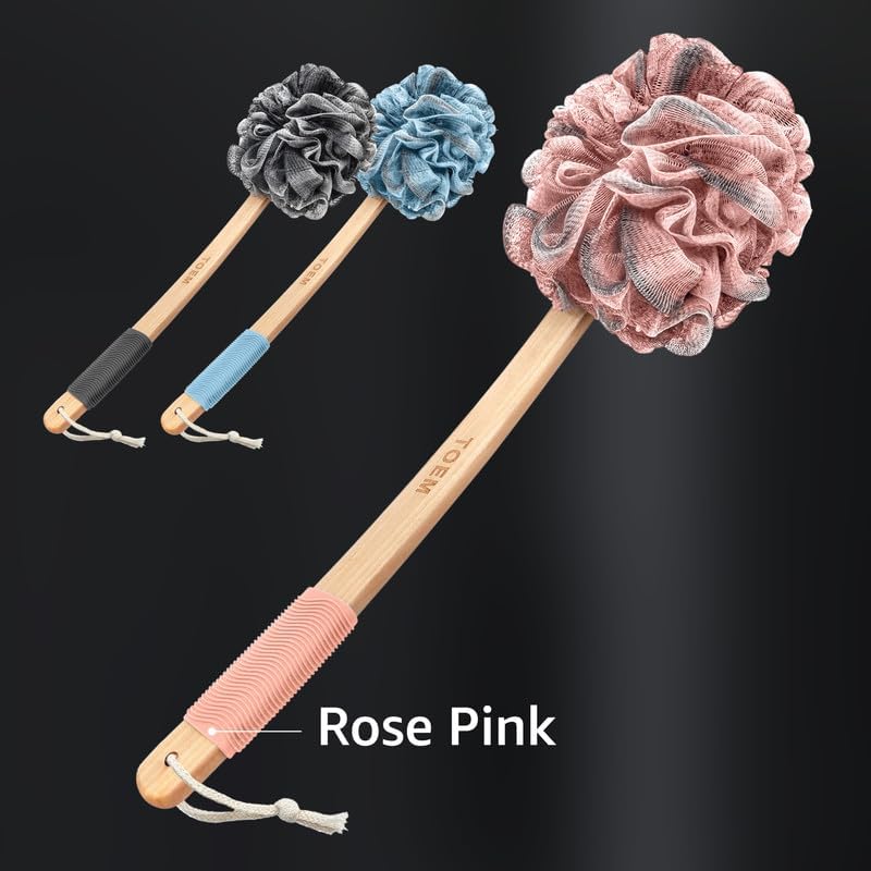 toem ® Loofah Back Scrubber for Shower | Bamboo Charcoal Fiber Infused | Loufas for Men & Women | Includes 1 Long Handled Shower Sponge, 1 Bath & Shower Luffa Pouf & 1 Hook to Hang Stuff (Rose Pink) - Image 2