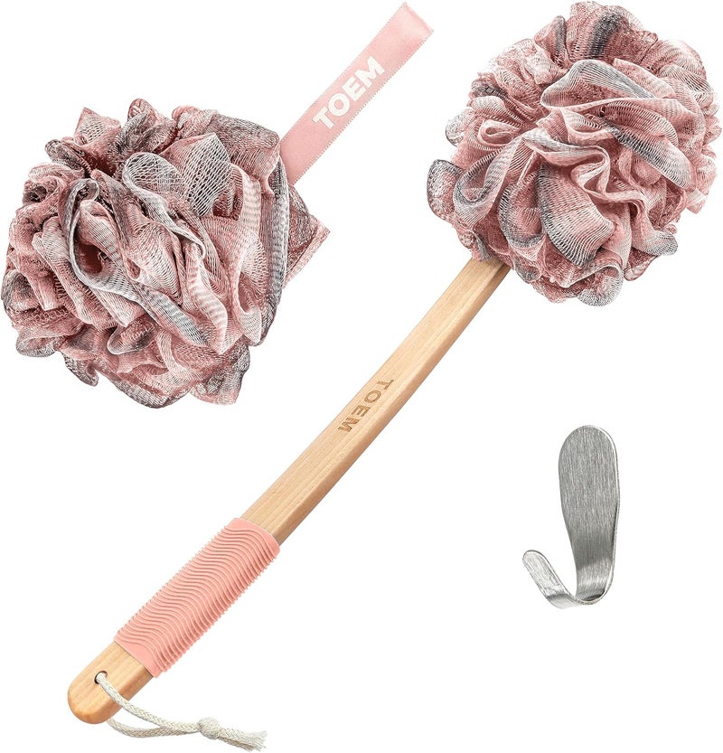 toem ® Loofah Back Scrubber for Shower | Bamboo Charcoal Fiber Infused | Loufas for Men & Women | Includes 1 Long Handled Shower Sponge, 1 Bath & Shower Luffa Pouf & 1 Hook to Hang Stuff (Rose Pink) - Image 1