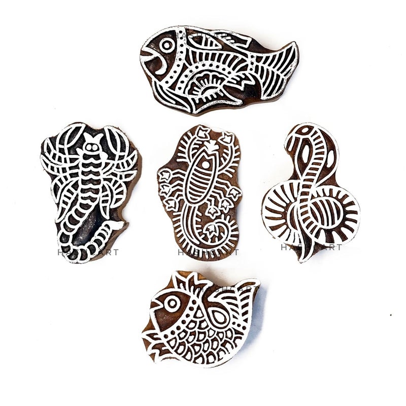 TWOGRAMS Wood Block Print Stamps Fish & Scorpions Design - Fabric Stamps for Henna DIY Craft Card Making, Clay, Pottery, Tattoo Print | Set of 5 | - Image 1