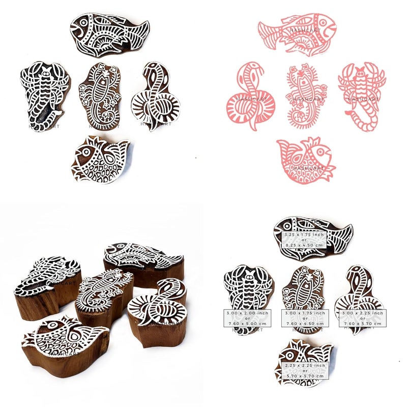 TWOGRAMS Wood Block Print Stamps Fish & Scorpions Design - Fabric Stamps for Henna DIY Craft Card Making, Clay, Pottery, Tattoo Print | Set of 5 | - Image 5