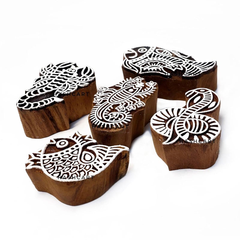 TWOGRAMS Wood Block Print Stamps Fish & Scorpions Design - Fabric Stamps for Henna DIY Craft Card Making, Clay, Pottery, Tattoo Print | Set of 5 | - Image 2