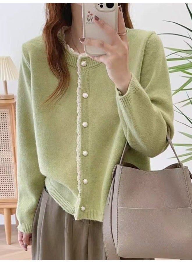 Leyuan Sweet Lace Trim Knitted Cardigan, New Arrival For Autumn And Winter, Fashionable Youthful Elegant Outerwear Sweater For Women - Image 1