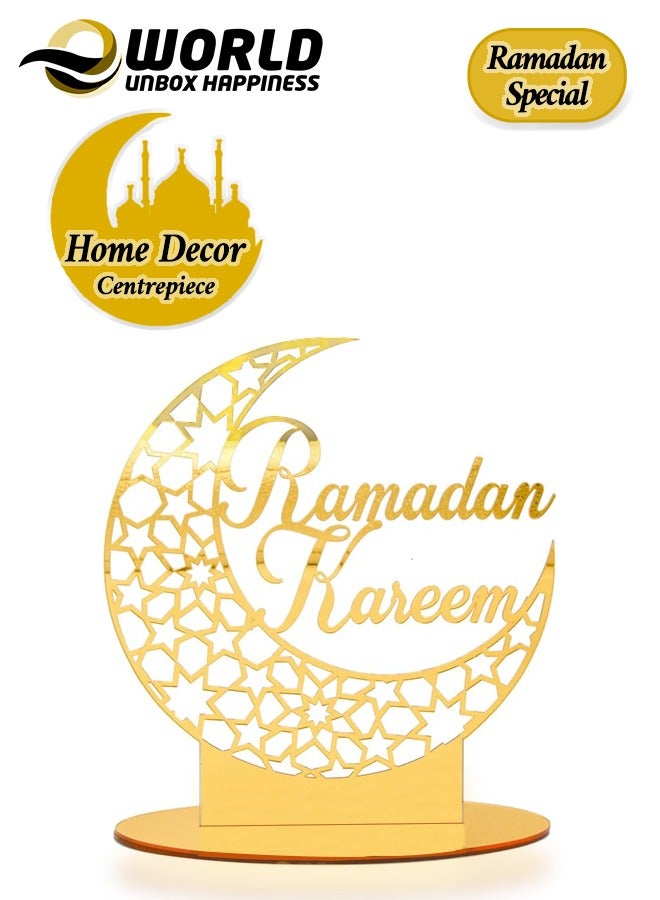 Eworld Elegant Acrylic Ramadan Tabletop Decor for Home Islamic Lightweight Craft Ornament Featuring Ramadan Kareem Calligraphy, Perfect Crescent Ornaments for Islamic Parties, Radiant in Gold - Image 1