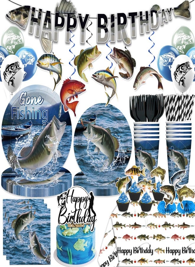 cocomigo 205Pcs Fishing Birthday Party Decorations Tableware Set Serves 25 Guests, Ofishally One Birthday Decorations includes Banner, Plates, Cake Topper, Cupcake Toppers, Gone Fishing Supplies for Boy - Image 1