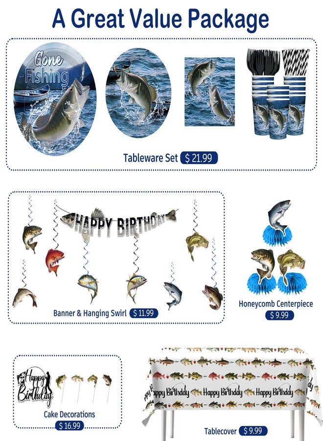 cocomigo 205Pcs Fishing Birthday Party Decorations Tableware Set Serves 25 Guests, Ofishally One Birthday Decorations includes Banner, Plates, Cake Topper, Cupcake Toppers, Gone Fishing Supplies for Boy - Image 3