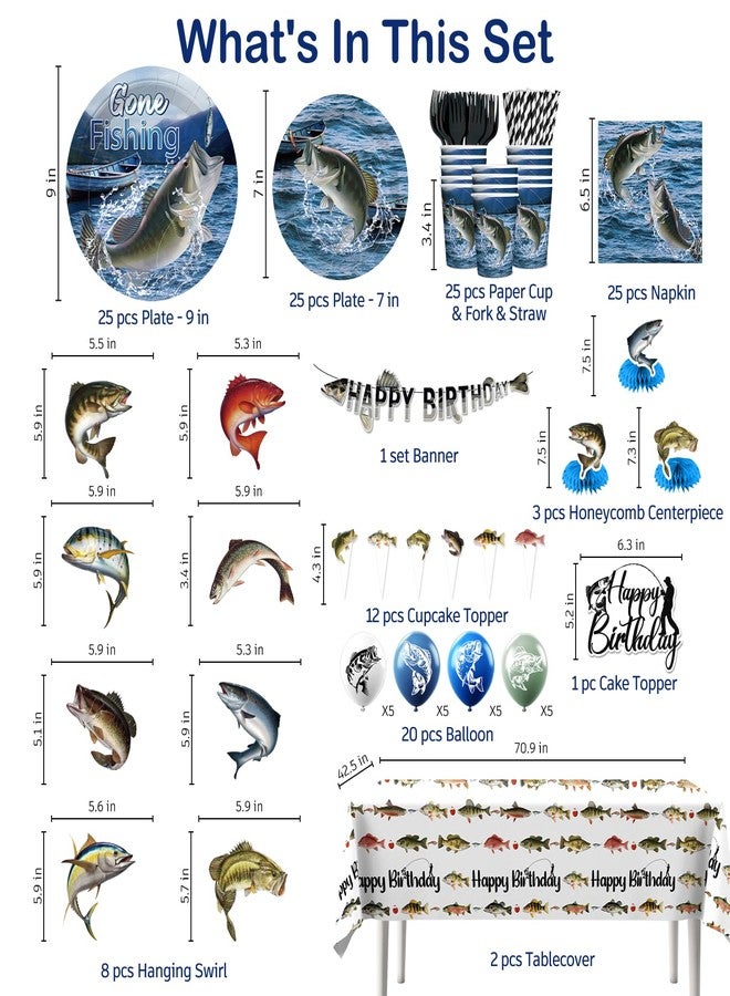 cocomigo 205Pcs Fishing Birthday Party Decorations Tableware Set Serves 25 Guests, Ofishally One Birthday Decorations includes Banner, Plates, Cake Topper, Cupcake Toppers, Gone Fishing Supplies for Boy - Image 2