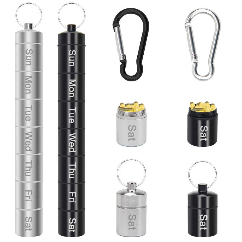 Anglekai Small Portable Pill Case Keychain for Travel, AngleKai 2 Pack Pill Organizer Box, Waterproof Tablet Container Weekly Medicine Bottle Organizer (Black and Silver) - Image 1