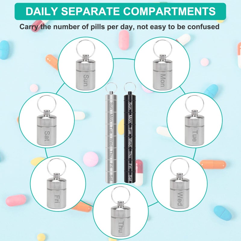 Anglekai Small Portable Pill Case Keychain for Travel, AngleKai 2 Pack Pill Organizer Box, Waterproof Tablet Container Weekly Medicine Bottle Organizer (Black and Silver) - Image 5