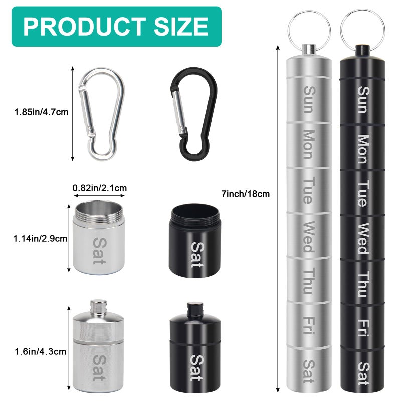 Anglekai Small Portable Pill Case Keychain for Travel, AngleKai 2 Pack Pill Organizer Box, Waterproof Tablet Container Weekly Medicine Bottle Organizer (Black and Silver) - Image 2