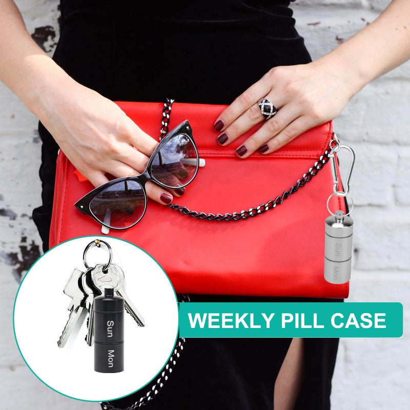 Anglekai Small Portable Pill Case Keychain for Travel, AngleKai 2 Pack Pill Organizer Box, Waterproof Tablet Container Weekly Medicine Bottle Organizer (Black and Silver) - Image 4