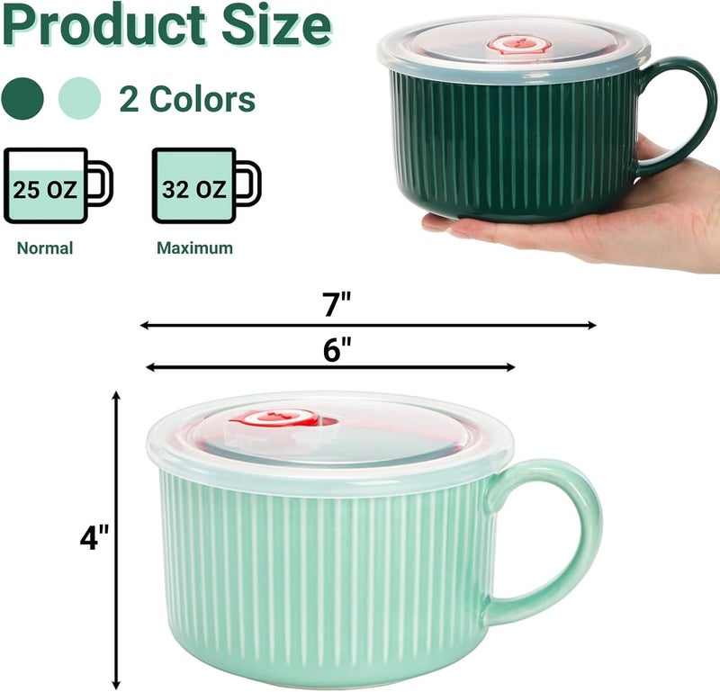 Eorbow 2 Packs Ceramic Soup Bowls with Handles 32 OZ Microwave Safe Soup Mug with Vented Lid Leakproof French Onion Soup Bowls Large Soup Crocks for Ramen Noodle Cereal - Image 2