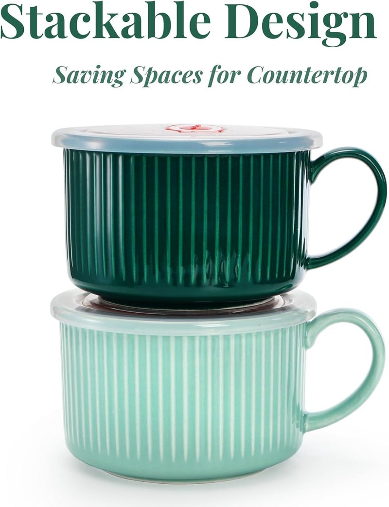 Eorbow 2 Packs Ceramic Soup Bowls with Handles 32 OZ Microwave Safe Soup Mug with Vented Lid Leakproof French Onion Soup Bowls Large Soup Crocks for Ramen Noodle Cereal - Image 5