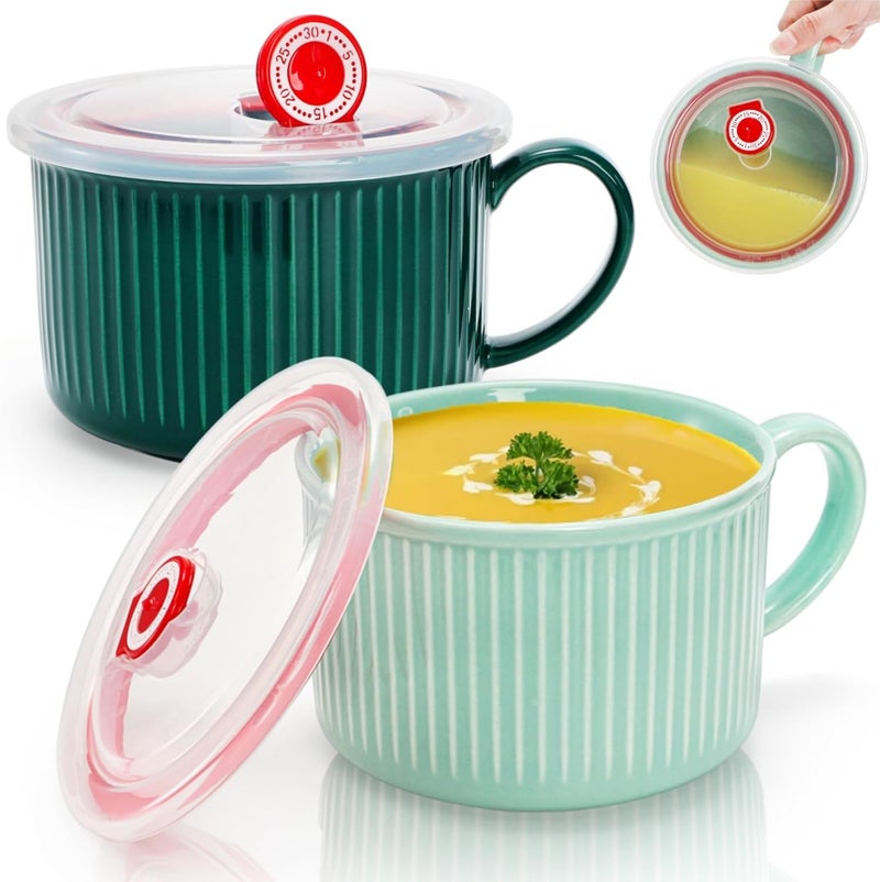 Eorbow 2 Packs Ceramic Soup Bowls with Handles 32 OZ Microwave Safe Soup Mug with Vented Lid Leakproof French Onion Soup Bowls Large Soup Crocks for Ramen Noodle Cereal - Image 1