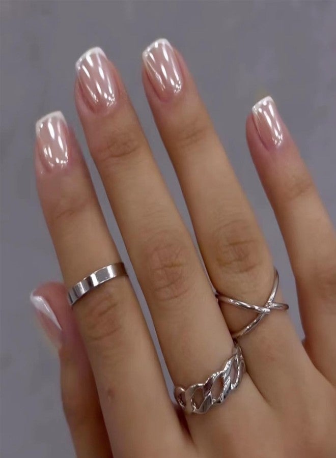 LRKNNO White French Tip Press On Nails Short Square Fake Nails with Designs Aurora Chrome Artificial Nails Reusable Full Cover Glue on Nails Glossy Acrylic Nails Press Ons False Nails for Women Girls 24Pcs - Image 1