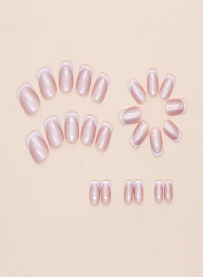 LRKNNO White French Tip Press On Nails Short Square Fake Nails with Designs Aurora Chrome Artificial Nails Reusable Full Cover Glue on Nails Glossy Acrylic Nails Press Ons False Nails for Women Girls 24Pcs - Image 3