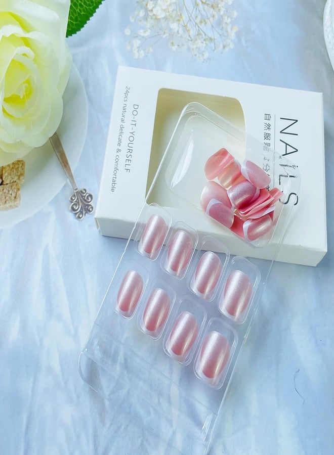 LRKNNO White French Tip Press On Nails Short Square Fake Nails with Designs Aurora Chrome Artificial Nails Reusable Full Cover Glue on Nails Glossy Acrylic Nails Press Ons False Nails for Women Girls 24Pcs - Image 5