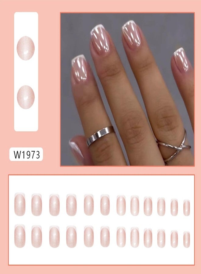 LRKNNO White French Tip Press On Nails Short Square Fake Nails with Designs Aurora Chrome Artificial Nails Reusable Full Cover Glue on Nails Glossy Acrylic Nails Press Ons False Nails for Women Girls 24Pcs - Image 2
