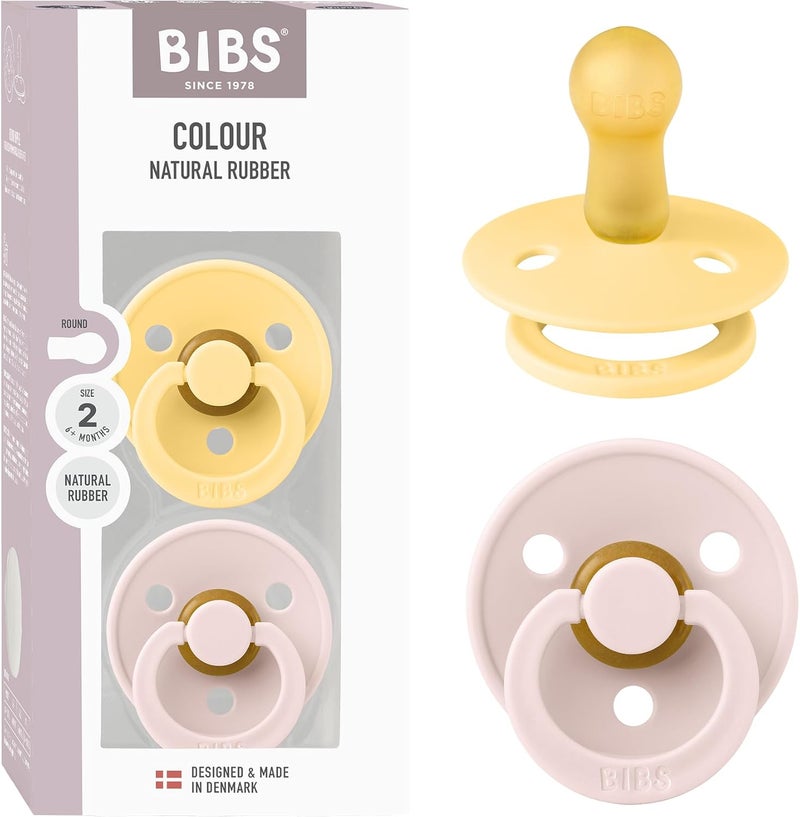 BIBS Colour Pacifier 2-Pack, BPA Free Dummy Binky, Round Natural Rubber Latex, Made in Denmark, Size 2 (6-18 Months), Pale Butter/Petal - Image 1