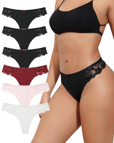 LEVAO 6 Pack Black Cotton Pantes Sexy Breathable G String Thongs Womens Lace Underwear Pack - Image 1