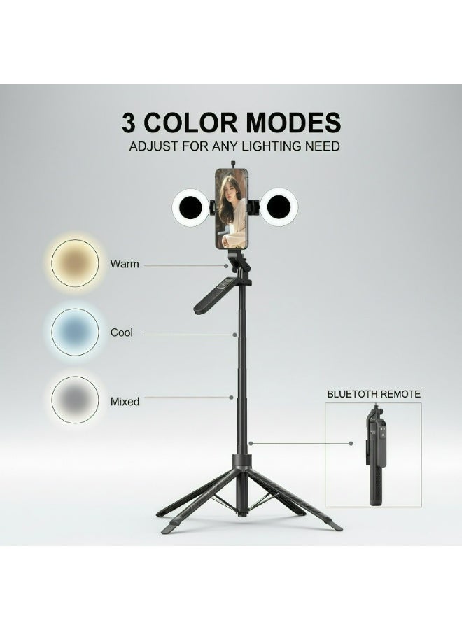 عصا سيلفي بطول 70.8 بوصة (180 سم) مع جهاز تحكم عن بعد لاسلكي وإضاءتين مزدوجتين، تصميم محمول قابل للتمديد بأرجل أربع معززة، دوران تثبيت الهاتف 360°، مصنوعة من سبائك الألومنيوم، مناسبة لهواتف iPhone/Samsung/GoPro/هواتف أندرويد، الطول 180 سم - Image 2