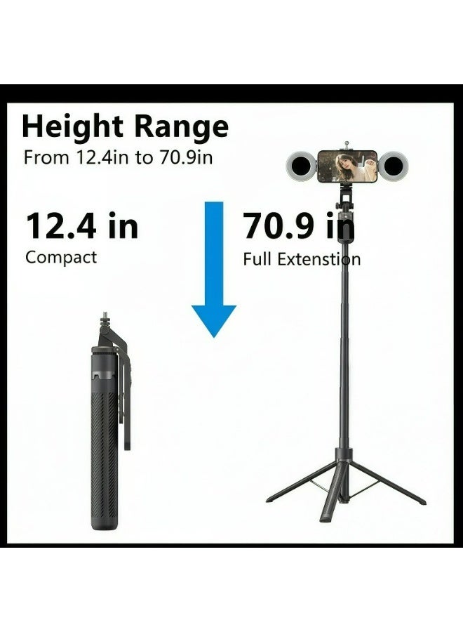 عصا سيلفي بطول 70.8 بوصة (180 سم) مع جهاز تحكم عن بعد لاسلكي وإضاءتين مزدوجتين، تصميم محمول قابل للتمديد بأرجل أربع معززة، دوران تثبيت الهاتف 360°، مصنوعة من سبائك الألومنيوم، مناسبة لهواتف iPhone/Samsung/GoPro/هواتف أندرويد، الطول 180 سم - Image 3