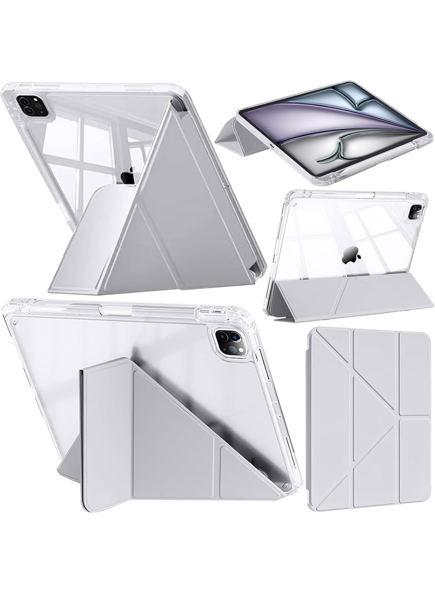 Rock Pow Case for iPad Pro 11 inch M5/M4 2025/2024 Clear Transparent Back Cover with Pencil Holder, 6-in-1 Multiple Viewing Angles Y-Shaped Trifold Stand Cover for iPad Pro 11 inch M4/M5 2024/2025, Mo